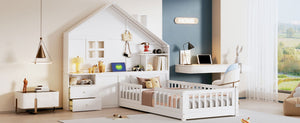 English Elm Twin House Bed Frame with Drawers Shelves and Usb Charging for Kids Bedroom LT000422AAK-1