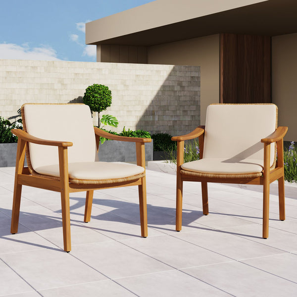English Elm Christopher Knight Home® - Outdoor Dining Chairs Set of 2 with Acacia Wood Frame and Brown PE Wicker, Waterproof Cushions, 400lb Capacity Teak+ Beige N779P280043B