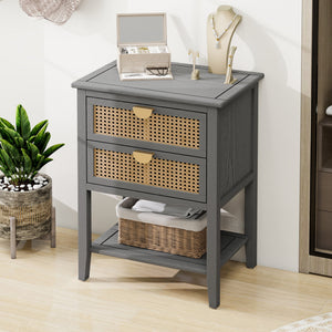 English Elm 2 Elegant Rattan Side Table with Solid Wood Veneer, Semi-Circular Metal Handle, Bedroom Accent Piece Gray W68858074