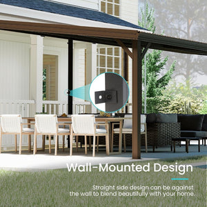 English Elm 12x20ft Lean to Hardtop Gazebo Wall Mounted Steel Roof Outdoor Shelter Deck Porch Brown W1859S00198