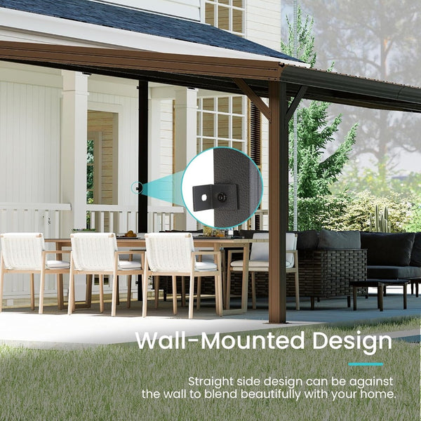 English Elm 12x20ft Lean to Hardtop Gazebo Wall Mounted Steel Roof Outdoor Shelter Deck Porch Brown W1859S00198