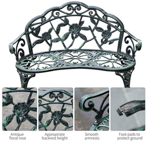 English Elm Outsunny Elegant Cast Aluminum Outdoor Bench With Floral Accents, Antique Green Finish For Patios W2225P174084-GIGA