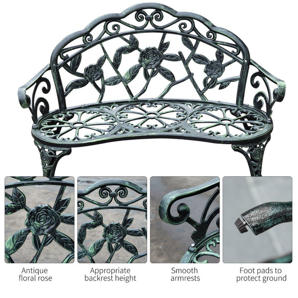 English Elm Outsunny Elegant Cast Aluminum Outdoor Bench With Floral Accents, Antique Green Finish For Patios W2225P174084-GIGA