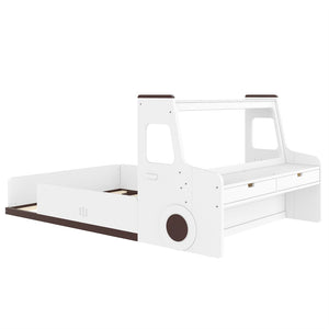 English Elm Full Size Car Shaped Kids Platform Bed with Storage Drawers Integrated Desk Pine Wood Light White W1580S00490