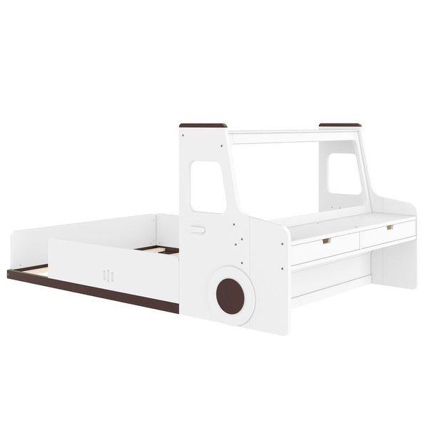 English Elm Full Size Car Shaped Kids Platform Bed with Storage Drawers Integrated Desk Pine Wood Light White W1580S00490