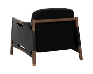 Sunpan CALLOWAY Lounge Chair - Antique Brown Oak Frame with Onyx Leather & Italian Straps for Timeless Style 112133