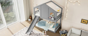 English Elm Full Bunk Bed with Trundle Bookshelf Storage Pine Frame Car Design for Kids Gray W1580S00465