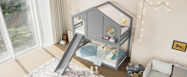English Elm Full Bunk Bed with Trundle Bookshelf Storage Pine Frame Car Design for Kids Gray W1580S00465