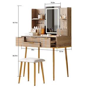 English Elm 4-Drawer Vanity Desk with LED Mirror, Fluted Carved Design, Jewelry Organizer, PU Stool, Metal Legs for Bedroom W2700P369515