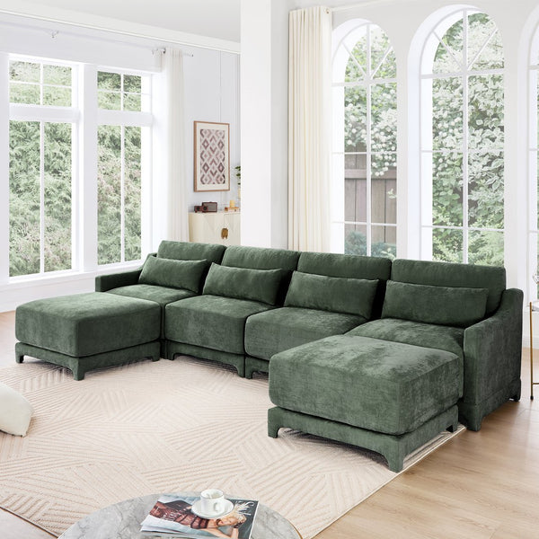 English Elm Four-Seater Sofa Set With Movable Ottoman, Ergonomic Lumbar Pillow, Premium Chenille Upholstery, Green W714S01222