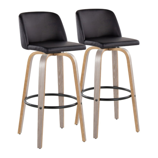 English Elm Toriano 30" Fixed-Height Barstools Set Of 2 - Modern Swivel Design In Light Grey Wood & Black Faux Leather B202S00692-GIGA