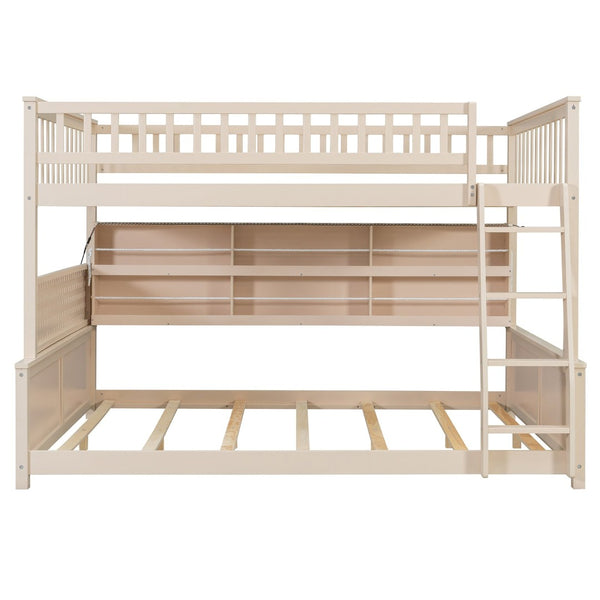 English Elm Full Xl Over Queen Bunk Bed Pinewood Frame with Led Lights Shelving Pegboard Beige LT000279AAA