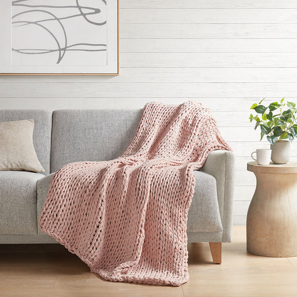 JLA Home Madison Park - Hand Made double-knit throw blanket — ultra-soft, OEKO-TEX certified, durable modern boho accent for home comfort Blush MP50-6137