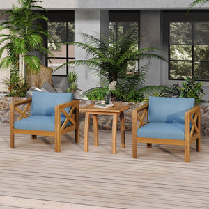 English Elm Christopher Knight Home® - Patio Acacia Wood Conversation Set - 2 Armchairs With Cushions & Selma End Table For Outdoor Bliss N770P264304T_57501.00ACA