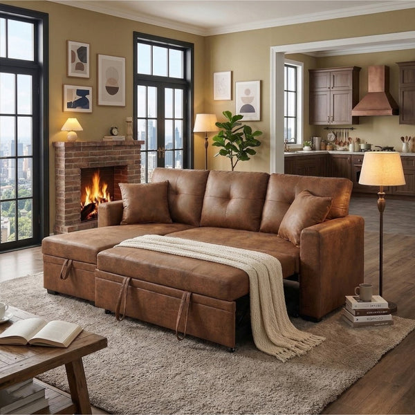 English Elm Sleeper Sectional with Pull Out Bed Storage Chaise Tufted Breathable Fabric Sofa W5568S00044