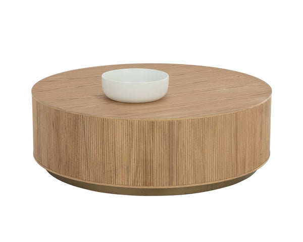 Sunpan Kalla Coffee Table - Elegant Oak Design with Vertical Reeding and Brushed Gold Steel Base for Style Rustic Oak