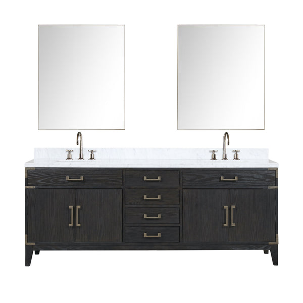 English Elm Black Oak Double Bath Vanity With Carrara Marble Top, Chrome Faucets & 2 Matching Mirrors, 84" W B2731S02193
