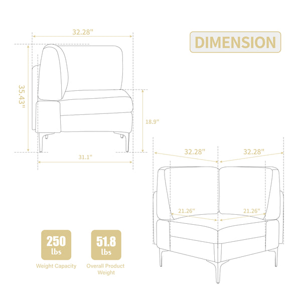 English Elm Modular Corner Seat Sofa Module - Beige Corduroy Accent Couch With Durable Steel Legs & Comfort W3098P257005