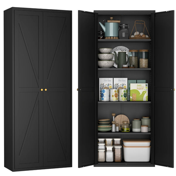 English Elm 2 Door Steel Pantry Cabinet Powder Coated Finish Gold Hardware Adjustable Shelves Tall Storage Black T3625P366653