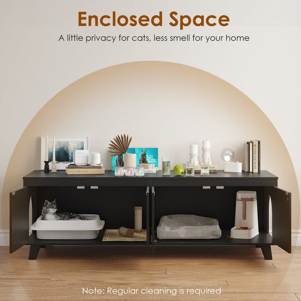 English Elm Double Hidden Cat Litter Box Enclosure with Rattan Doors, Two Spacious Compartments, Odor Control Stand Black T3623P380857