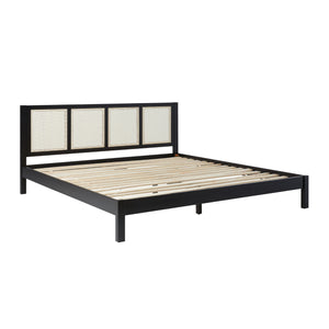 English Elm Walker Edison - Boho Solid Rubberwood King Bedframe with 3 Rattan Panels, Black Platform Design, No Box Spring B185S00020