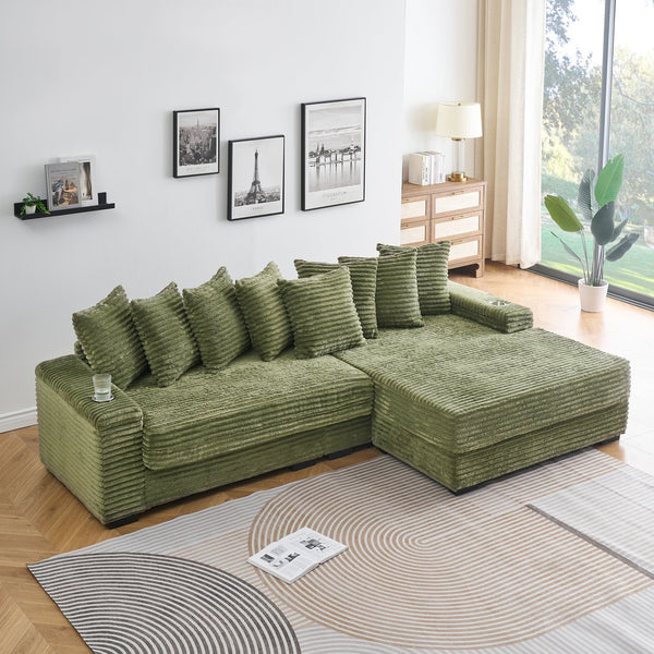 English Elm 111.4-inch corduroy L-shaped sofa with reversible chaise, armrest cup holders, lockers, sturdy frame Green W1278S00102