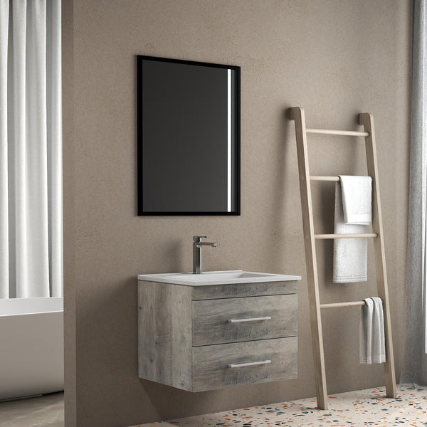English Elm 24-Inch Modern Wall-Mounted Bathroom Vanity With Double Drawers, Soft-Close Sink & Mirror Set W3151S00007