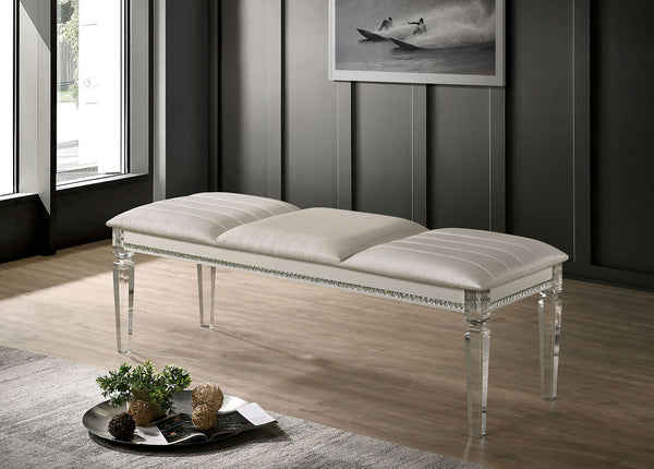 English Elm Acrylic Crystal-Trim Bench with Plush Upholstered Seat in Pearl White — Modern Luxury Seating Accent B016P355928