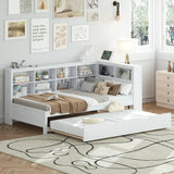 English Elm Wooden Twin Size Daybed With Twin Trundle, Daybed With Storage Shelf and Usb Charging Ports,White