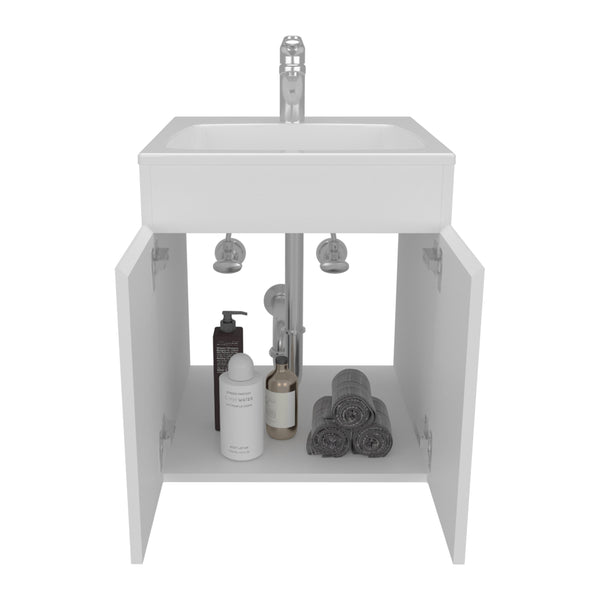 English Elm Bathroom Vanity Meka 45 Wall-Mounted White MDF, Two Drawers + Open Shelf for Small Bathrooms, Modern Durable Storage B200P313682