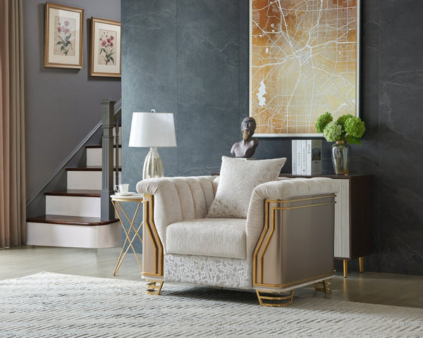 English Elm Chateau Three Piece Living Room Sofa Set Cream Upholstery Gold Steel Legs Glam B009S02179