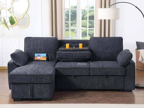 English Elm Marcello Chenille Sleeper Sectional with Reversible Chaise Storage and Charging Console Charcoal B2749S00162