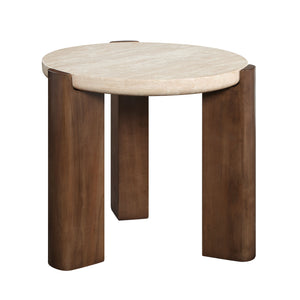 English Elm Leonardo Contemporary Travertine Top End Table with Dark Oak Veneer Base, 50mm Thick Cream Top, 70lb Capacity B2726P316900