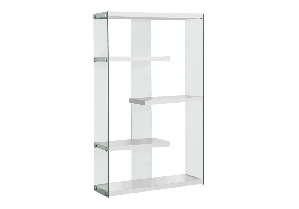 English Elm Bookshelf, 5-Tier Glossy Laminate & Tempered Glass Etagere with Chrome Accents for Small Spaces White 63 L x 15 W x 9 H B2710P219252