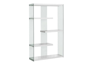 English Elm Bookshelf, 5-Tier Glossy Laminate & Tempered Glass Etagere with Chrome Accents for Small Spaces White 63 L x 15 W x 9 H B2710P219252