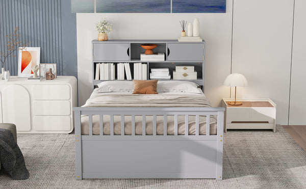 English Elm Full Size Captain Platform Bed Frame With Storage, Bookcase Headboard & Configurable Drawers, Gray N7090000473E