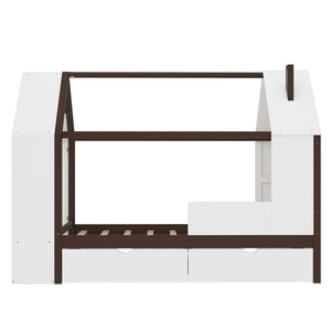 English Elm Twin House Frame Bed Pine Wood with Storage Drawers and Shelves for Kids Bedroom W1580S00573