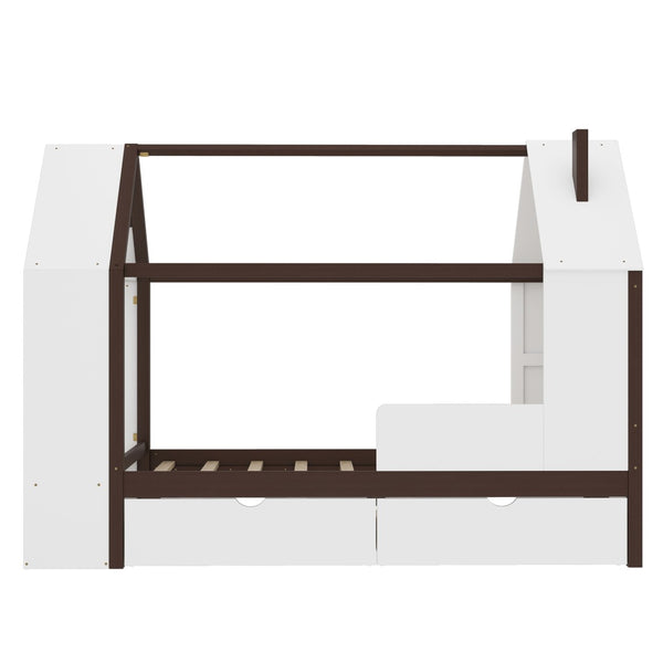 English Elm Twin House Frame Bed Pine Wood with Storage Drawers and Shelves for Kids Bedroom W1580S00573