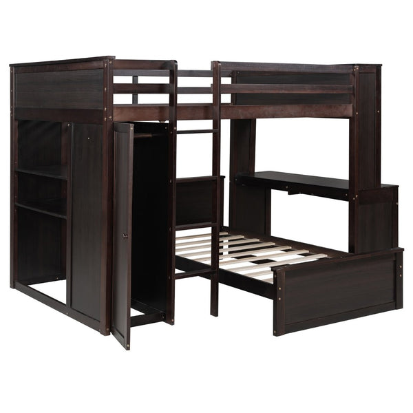 English Elm Full Twin Loft Bed with Desk Wardrobe Shelves Pine Wood Frame Kids Bedroom Espresso LT000821AAP-1