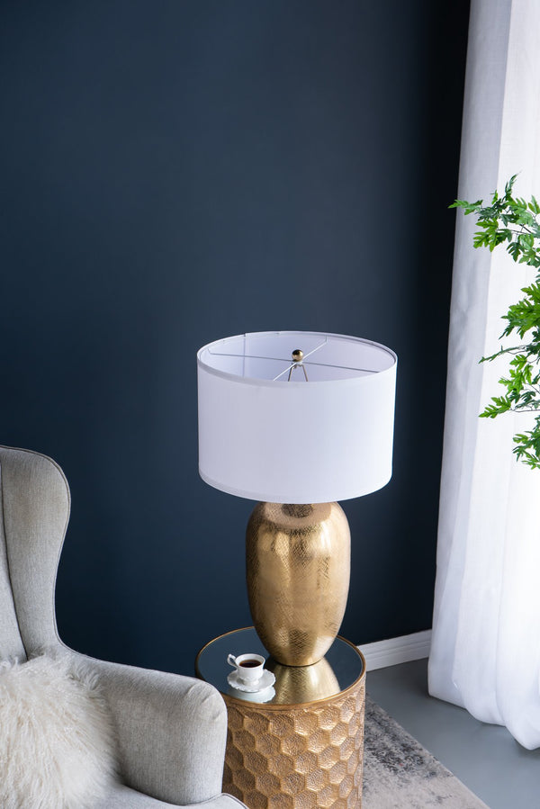 English Elm D18x31" Round Aluminum Gold Table Lamp with White Drum Shade, Urn Silhouette, Artistic Texture, Bedside Accent W2078P326340