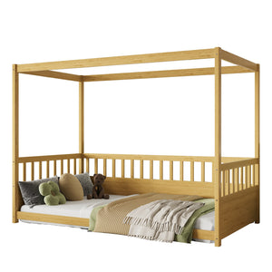 English Elm Twin Pine Canopy Bed Frame with Guardrails for Kids – Montessori Floor Bed with Four Poster Design and Cozy Decor Options Natural Wood W1858P252839