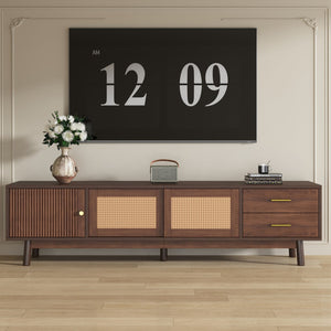 English Elm Mid Century Modern TV Stand with Rattan Sliding Doors, Solid Wood Legs, Drawers & Waterproof Top N710P257617P