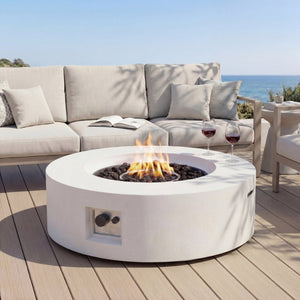English Elm Lightweight Concrete Round Fire Pit 50000 Btu Propane Patio Gathering Focal Point N772P390497W