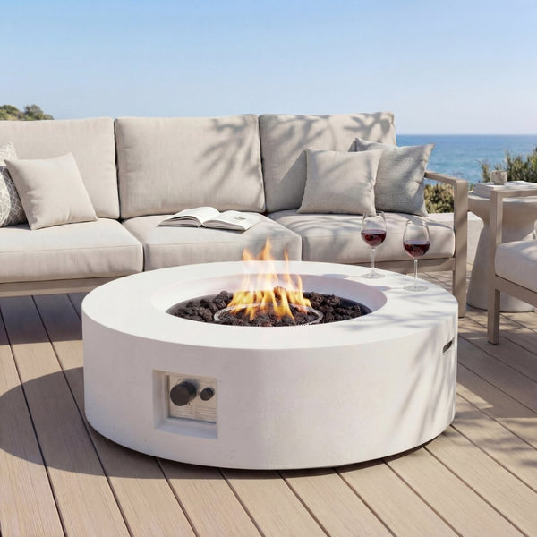 English Elm Lightweight Concrete Round Fire Pit 50000 Btu Propane Patio Gathering Focal Point N772P390497W