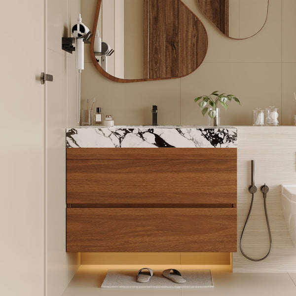 English Elm 29.9" Floating Bathroom Vanity Sintered Stone Top Soft Close Drawers Bronze Gold Hardware W3136S00040