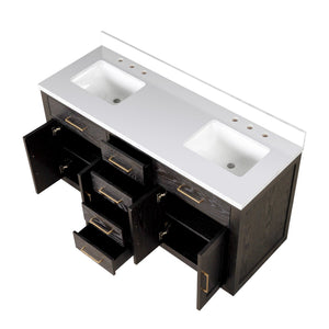 English Elm Brown Oak Double Bath Vanity 60" W X 22" D - Elegant White Quartz Top, Fully Assembled, Durable Design B2731P257732