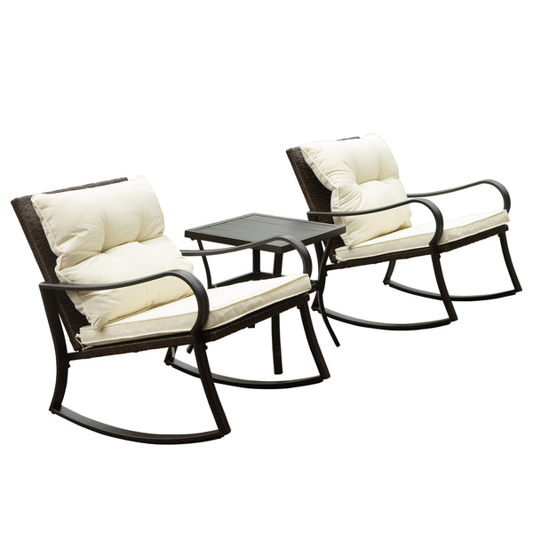 English Elm Metal Outdoor 2-Person Rocking Patio Set with Handwoven Wicker, Plush Cushions & Sturdy Table White W1859P399563