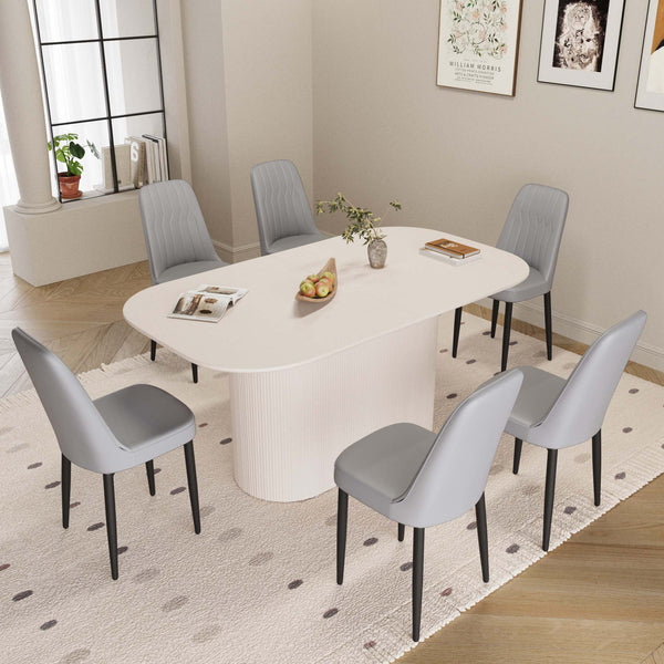 English Elm 63 Modern Medieval Cream Mdf Dining Set With 6 Pu Chairs - Stylish, Durable, Easy To Assemble! W2189S00702