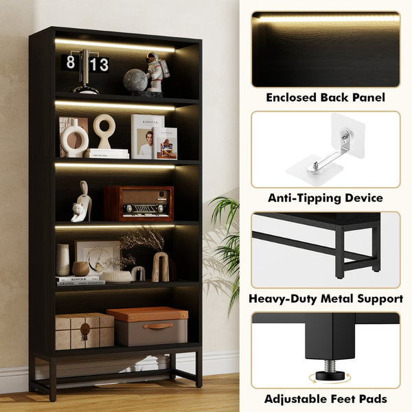 English Elm Tall Five Tier Bookcase with Led Shelf Lighting White Mdf Frame Living Room Display W3204P454081