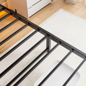 English Elm Queen Metal Bed Frame with Wooden Headboard, Built-In USB Charging, RGB App Lights, Storage Shelf, 10.6" Clearance, Noise-Free, Rustic Finish Beige+Brown W840P209904